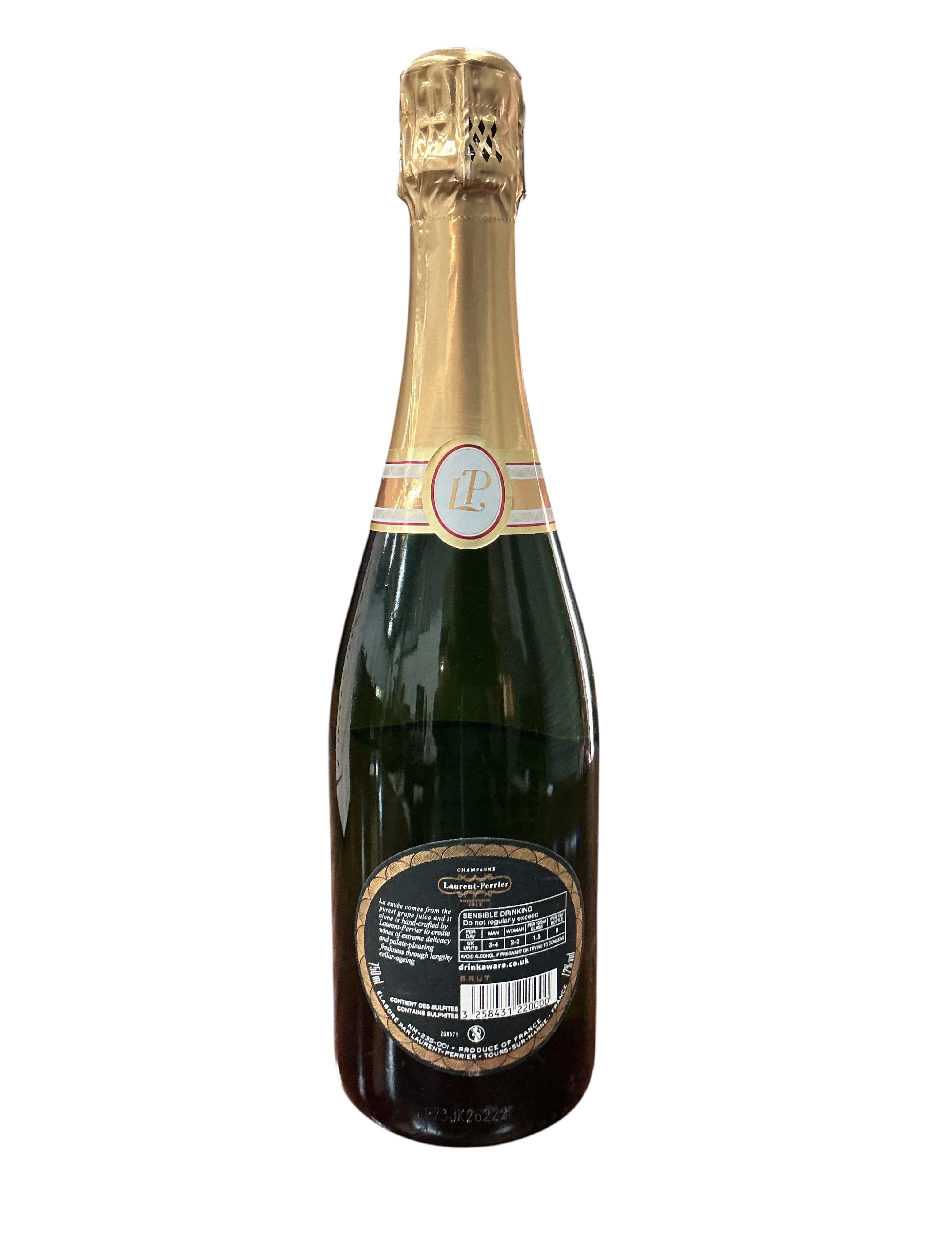 A bottle of Laurent Perrier brut champagne, boxed. (Provenance, surplus stock from a local wedding company)